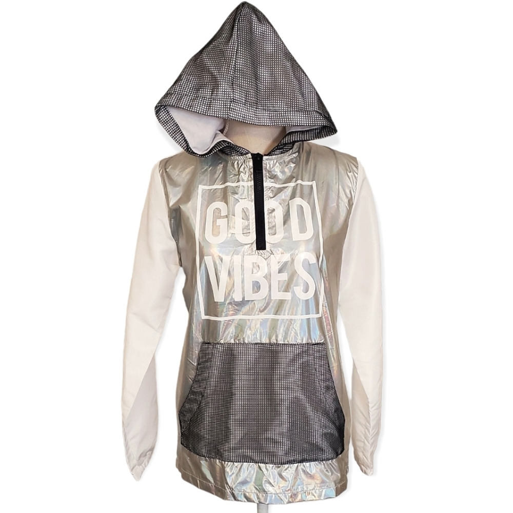 FIVE.BY.FIVE | Women's silver-metallic Good Vibes 1/4-zip jacket. Size large.